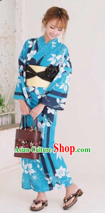 Japanese Traditional Blue Kimono Asian Japan Costume Geisha Yukata Dress for Women