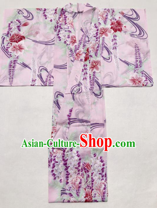 Traditional Japanese Classical Printing Wisteria Pink Kimono Asian Japan Costume Geisha Yukata Dress for Women