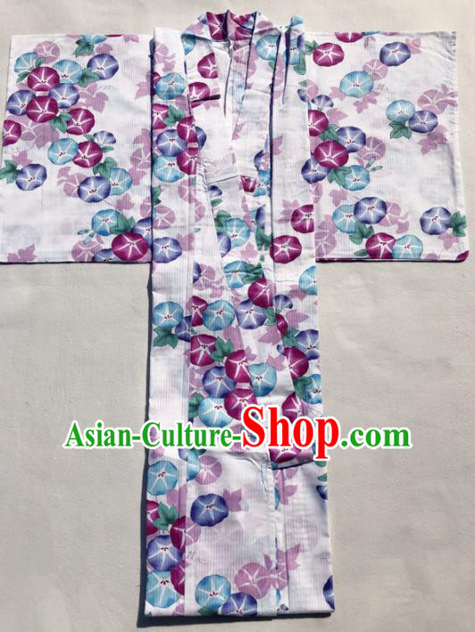 Traditional Japanese Classical Printing Petunia White Kimono Asian Japan Costume Geisha Yukata Dress for Women