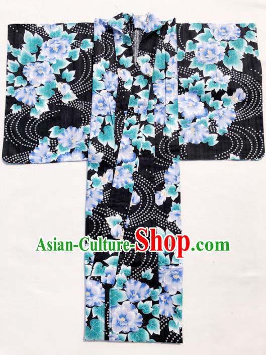 Traditional Japanese Classical Printing Blue Peony Kimono Asian Japan Costume Geisha Yukata Dress for Women