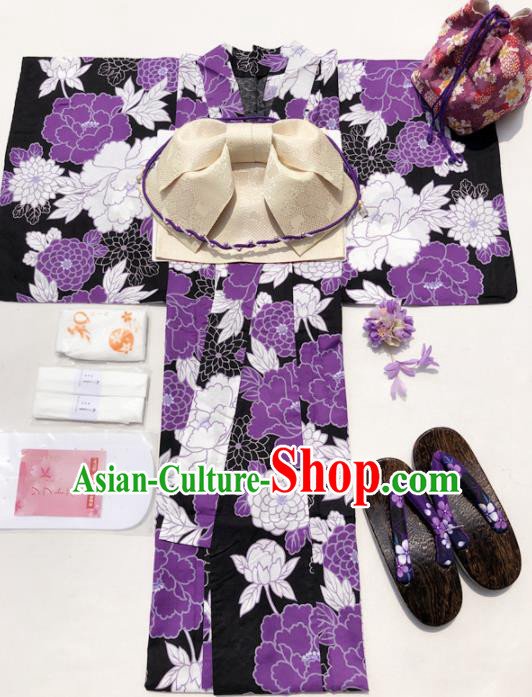 Traditional Japanese Classical Printing Purple Peony Kimono Asian Japan Costume Geisha Yukata Dress for Women
