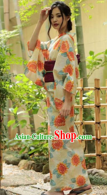 Japanese Traditional Printing Sunflowers Yellow Kimono Asian Japan Costume Geisha Yukata Dress for Women