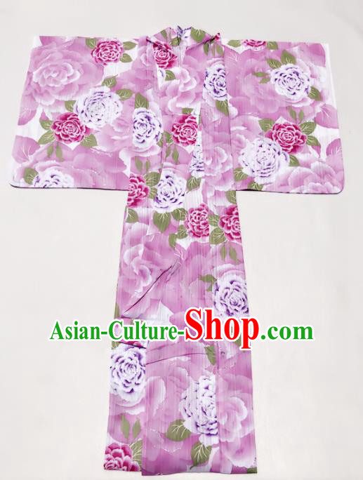 Traditional Japanese Classical Printing Peony Pink Formal Kimono Asian Japan Costume Geisha Yukata Dress for Women