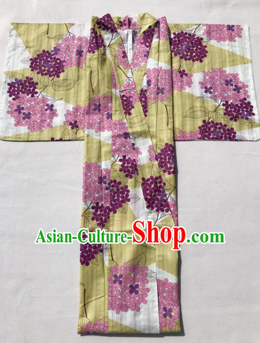 Traditional Japanese Classical Printing Hydrangea Yellow Kimono Asian Japan Costume Geisha Yukata Dress for Women