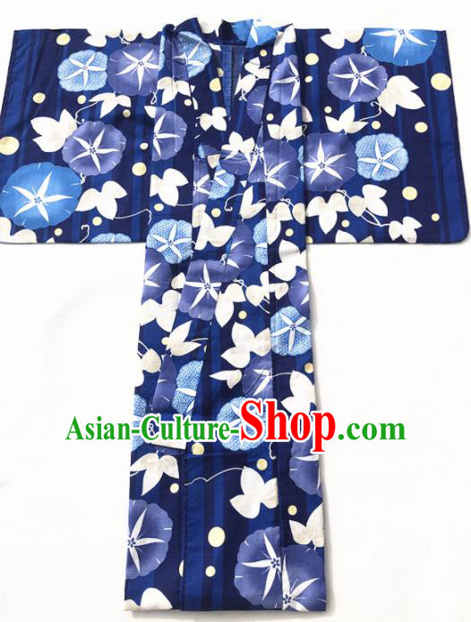 Japanese Classical Printing Petunia Navy Kimono Asian Japan Traditional Costume Geisha Yukata Dress for Women