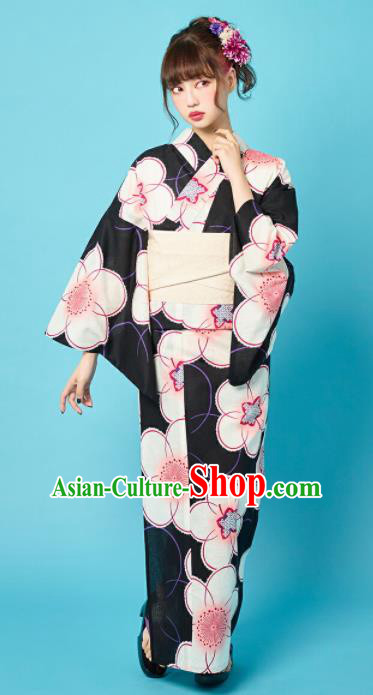 Japanese Classical Printing Plum Blossom Black Kimono Asian Japan Traditional Costume Geisha Yukata Dress for Women