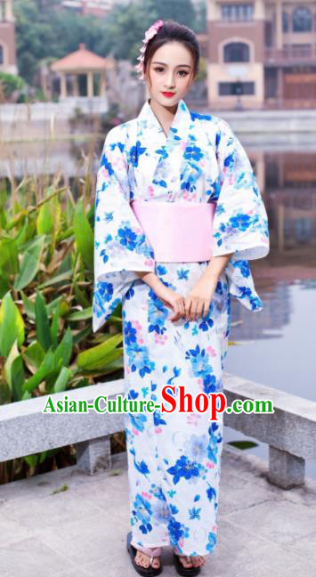 Japanese Traditional Classical Printing Peony White Kimono Asian Japan Costume Geisha Yukata Dress for Women