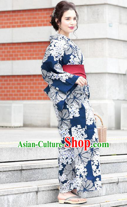 Traditional Japanese Classical Printing Sakura Navy Kimono Asian Japan Costume Geisha Yukata Dress for Women