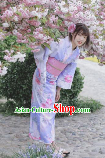 Japanese Classical Printing Flowers Light Purple Kimono Asian Traditional Japan Costume Geisha Yukata Dress Complete Set for Women