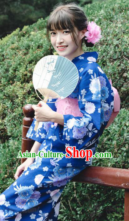 Japanese Classical Printing Flowers Blue Kimono Asian Traditional Japan Costume Geisha Yukata Dress Complete Set for Women