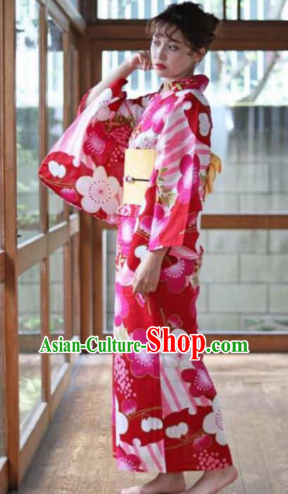 Japanese Traditional Printing Sakura Rosy Kimono Asian Japan Costume Geisha Yukata Dress for Women