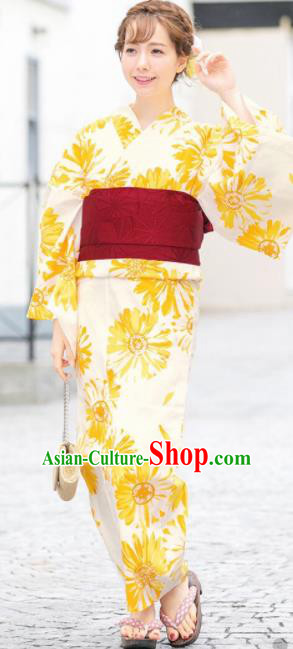 Japanese Traditional Printing Daisy Kimono Asian Japan Costume Geisha Yukata Dress for Women