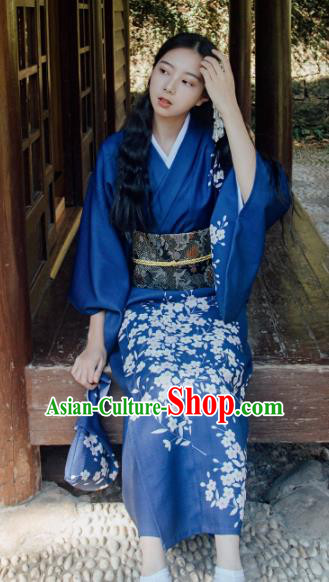 Traditional Japanese Classical Printing Sakura Royalblue Kimono Asian Japan Costume Geisha Yukata Dress for Women