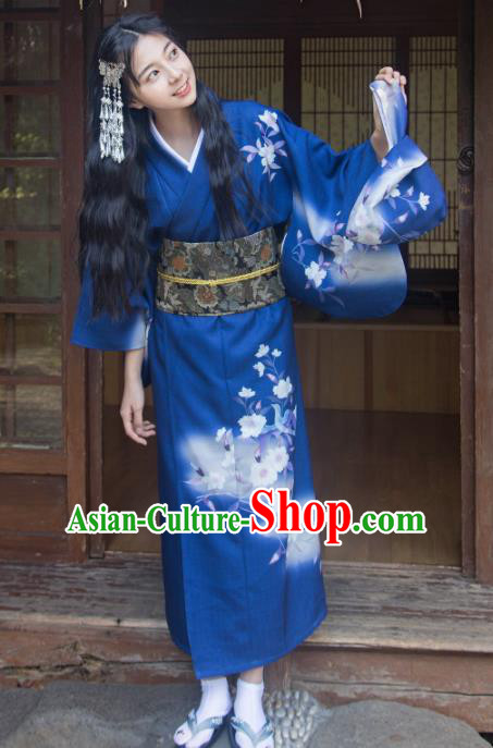 Traditional Japanese Classical Printing Flowers Royalblue Kimono Asian Japan Costume Geisha Yukata Dress for Women