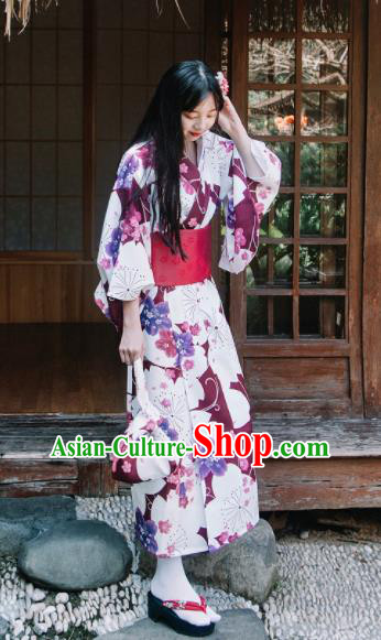 Traditional Japanese Classical Printing Sakura Wine Red Kimono Asian Japan Costume Geisha Yukata Dress for Women