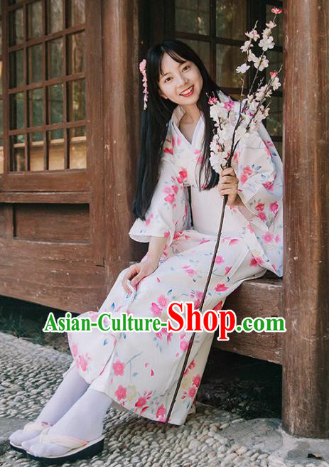 Traditional Japanese Classical Printing Sakura White Kimono Asian Japan Costume Geisha Yukata Dress for Women