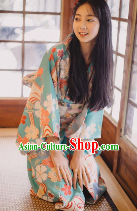 Traditional Japanese Classical Printing Sakura Green Kimono Asian Japan Costume Geisha Yukata Dress for Women