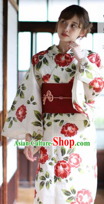 Japanese Classical Printing Red Camellia Kimono Asian Japan Traditional Costume Geisha Yukata Dress for Women