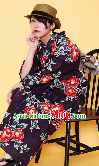 Japanese Classical Printing Camellia Black Kimono Asian Japan Traditional Costume Geisha Yukata Dress for Women