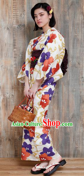 Japanese Classical Printing Flowers Kimono Asian Japan Traditional Costume Geisha Yukata Dress for Women