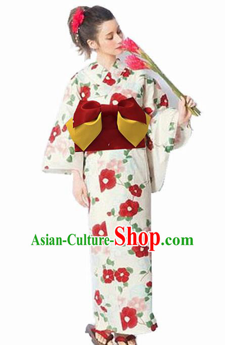 Japanese Classical Printing Camellia White Kimono Asian Japan Traditional Costume Geisha Yukata Dress for Women