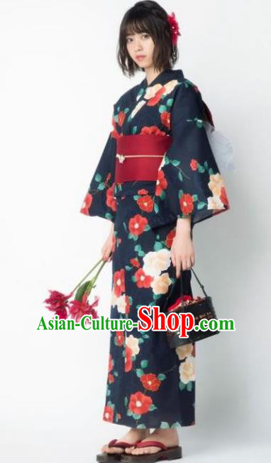 Japanese Classical Printing Camellia Navy Kimono Asian Japan Traditional Costume Geisha Yukata Dress for Women