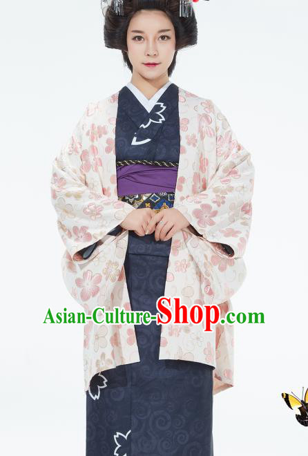Traditional Japanese Printing Sakura Haori Kimono Coat Asian Japan Handmade Yukata Costume for Women