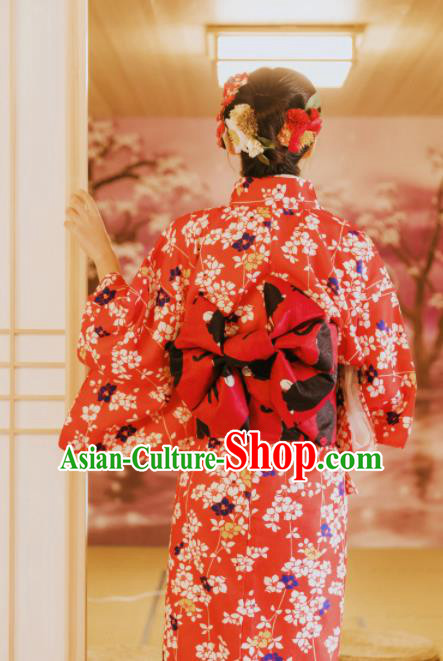 Japanese Classical Printing Sakura Red Kimono Asian Japan Traditional Costume Geisha Yukata Dress for Women