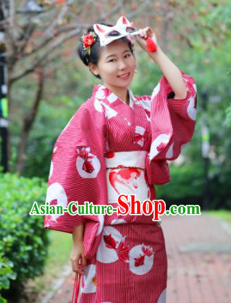 Japanese Classical Printing Goldfish Red Kimono Asian Japan Traditional Costume Geisha Yukata Dress for Women