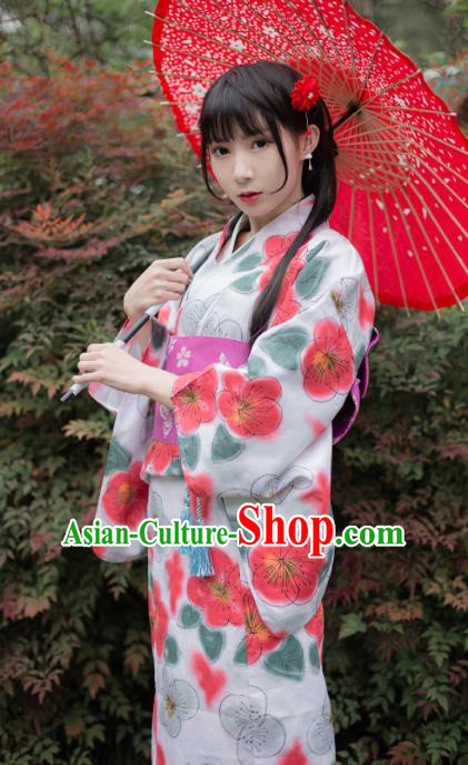 Japanese Classical Printing Sakura White Kimono Asian Japan Traditional Costume Geisha Yukata Dress for Women