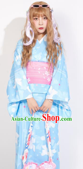Japanese Classical Printing Light Blue Yukata Dress Asian Japan Traditional Costume Geisha Kimono for Women