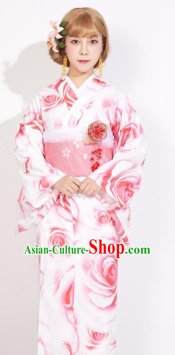 Japanese Classical Printing Roses Yukata Dress Asian Japan Traditional Costume Geisha Kimono for Women
