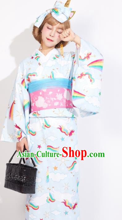 Japanese Classical Printing Rainbow Blue Yukata Dress Asian Japan Traditional Costume Geisha Kimono for Women