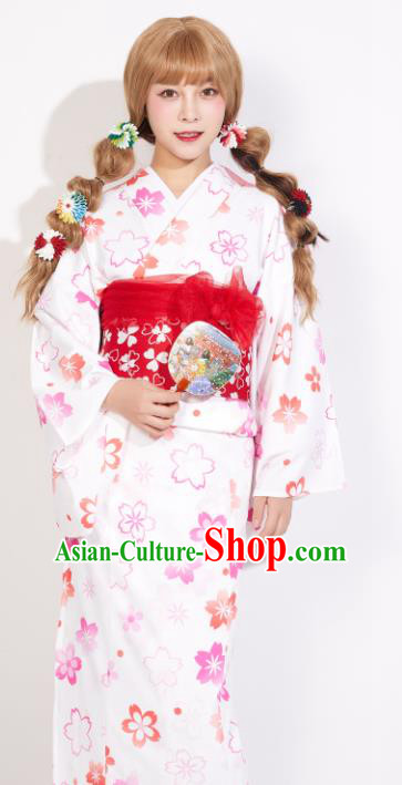 Japanese Classical Printing Sakura Yukata Dress Asian Japan Traditional Costume Geisha Furisode Kimono for Women