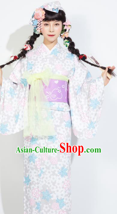 Japanese Classical Printing Maple Leaf Yukata Dress Asian Japan Traditional Costume Geisha Furisode Kimono for Women