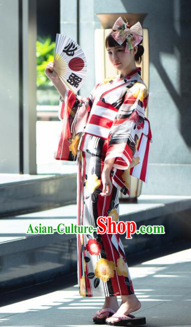 Japanese Classical Printing Red Yukata Robe Asian Japan Traditional Costume Geisha Furisode Kimono Dress for Women