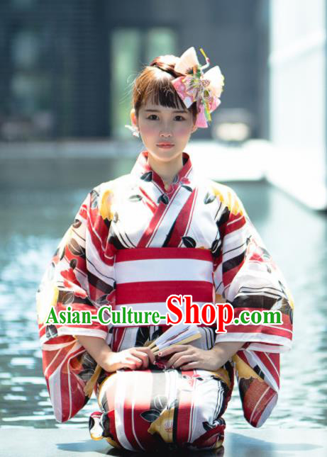 Japanese Classical Printing Red Yukata Robe Asian Japan Traditional Costume Geisha Furisode Kimono Dress for Women