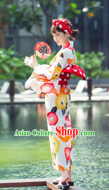 Japanese Classical Printing White Yukata Robe Asian Japan Traditional Costume Geisha Furisode Kimono Dress for Women