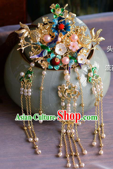 Traditional Chinese Ancient Palace Cloisonne Tassel Hair Crown Hairpins Handmade Wedding Hair Accessories for Women