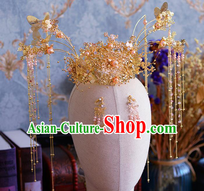 Traditional Chinese Ancient Bride Tassel Hairpins Golden Butterfly Phoenix Coronet Handmade Wedding Hair Accessories for Women