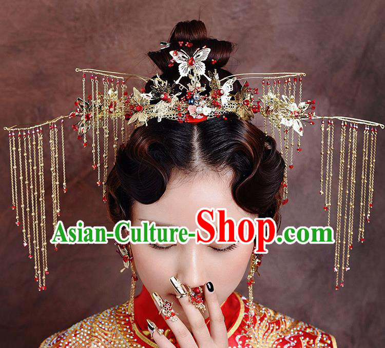 Traditional Chinese Ancient Bride Hairpins Golden Butterfly Tassel Phoenix Coronet Handmade Wedding Hair Accessories for Women
