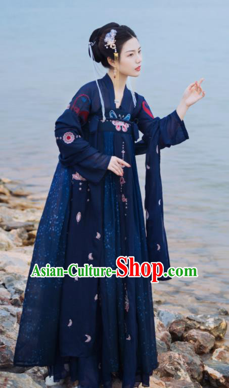 Ancient Chinese Tang Dynasty Court Princess Historical Costume Traditional Palace Dance Navy Hanfu Dress for Women