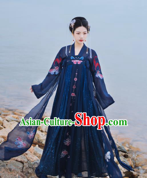 Ancient Chinese Tang Dynasty Court Princess Historical Costume Traditional Palace Dance Navy Hanfu Dress for Women