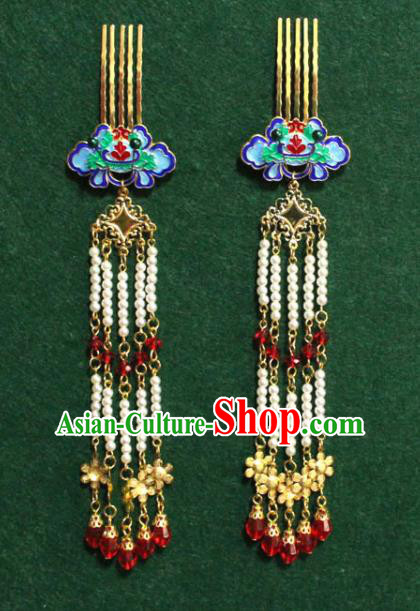 Traditional Chinese Ancient Palace Cloisonne Lotus Hair Comb Tassel Hairpins Handmade Wedding Hair Accessories for Women