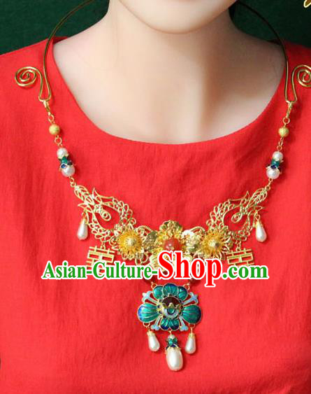Traditional Chinese Ancient Palace Hanfu Golden Cloisonne Lotus Necklace Handmade Wedding Jewelry Accessories for Women