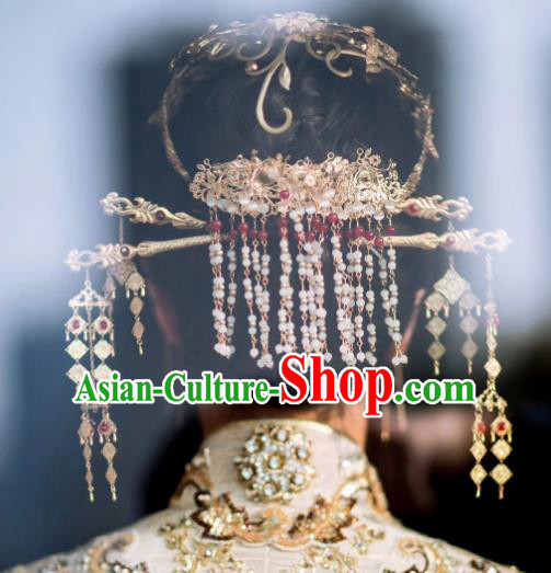 Traditional Chinese Ancient Bride Tassel Hair Crown Hairpins Handmade Wedding Hair Accessories for Women