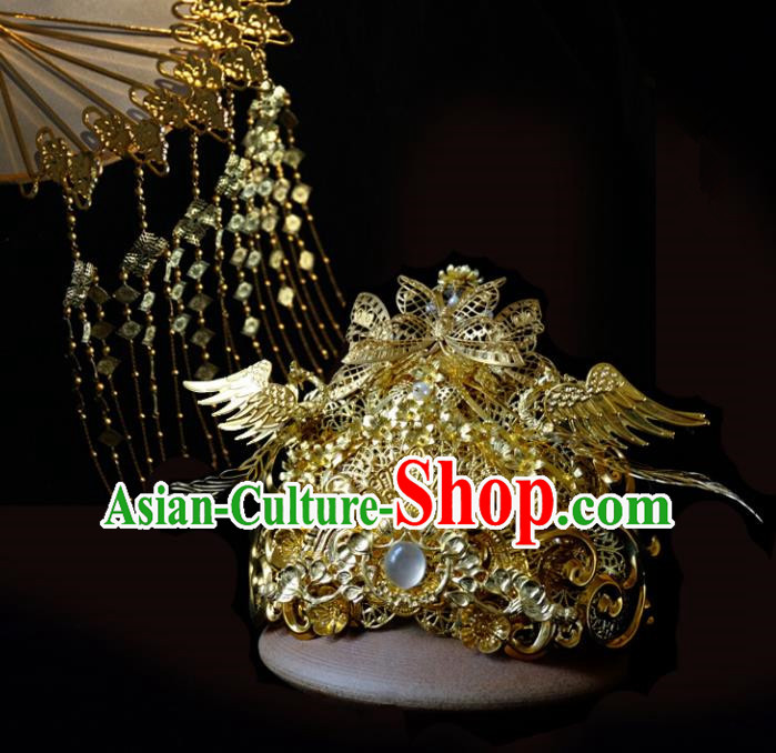 Traditional Chinese Ancient Bride Golden Phoenix Coronet Hairpins Handmade Wedding Hair Accessories for Women