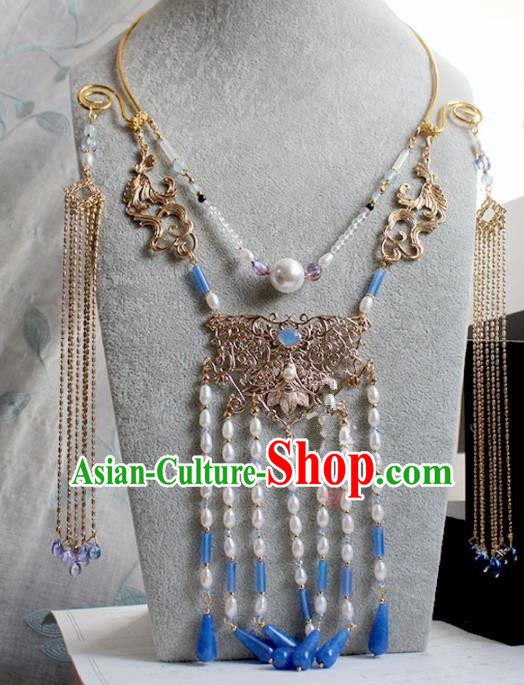 Traditional Chinese Ancient Palace Pearls Tassel Necklace Handmade Hanfu Wedding Jewelry Accessories for Women