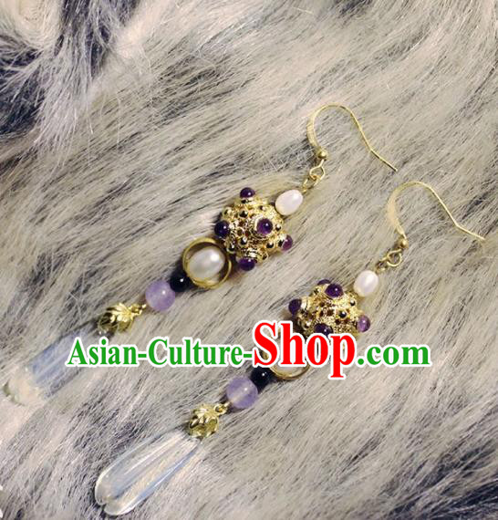 Handmade Chinese Ancient Princess Pearls Earrings Traditional Hanfu Jewelry Accessories for Women