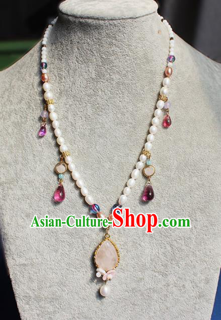 Handmade Chinese Ancient Palace Rose Chalcedony Pearls Necklace Traditional Hanfu Wedding Jewelry Accessories for Women